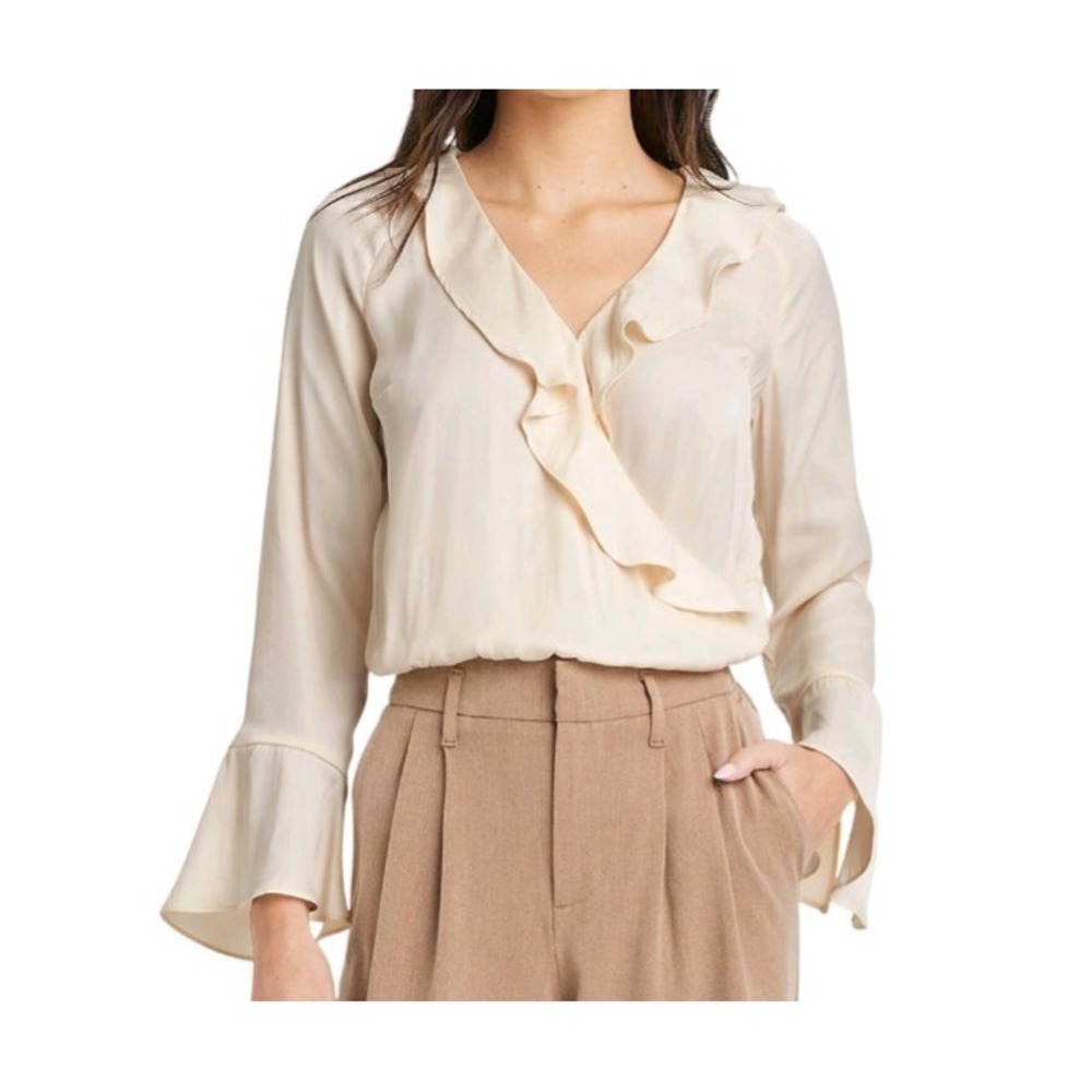 A new day Flounce long sleeve V-neck ruffle wrap shirt sz XS cream